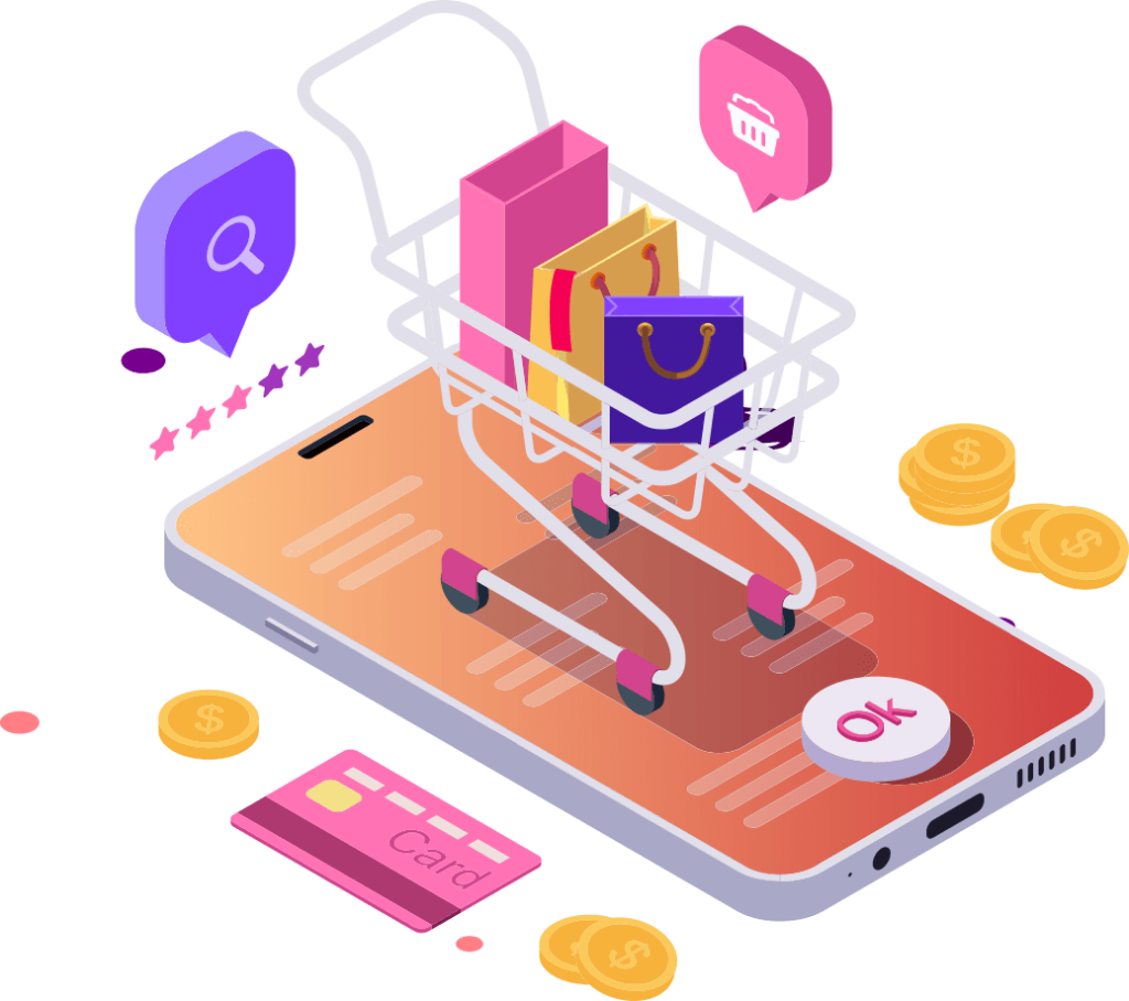 Ilustração de um carrinho de compras em cima do celular